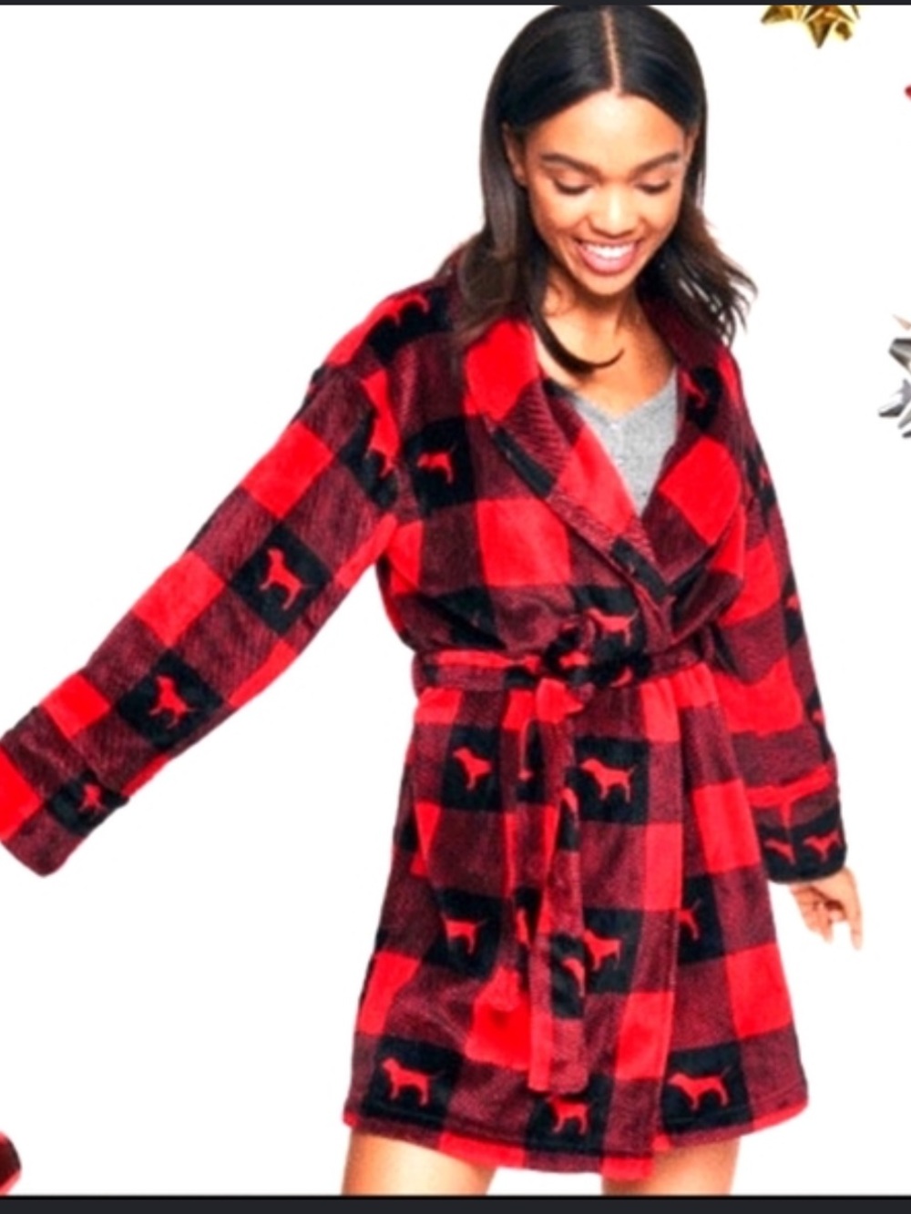 VS Pink robe - plush fleece red/black buffalo plaid w/logo